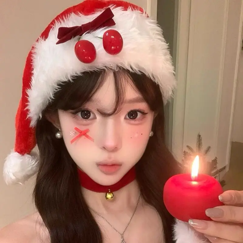 New Cute Cherry plush Christmas Hat Sweet New Year Santa Claus Hat Festive Party Velvet Fur Xmas Cap Bowknot Festive
