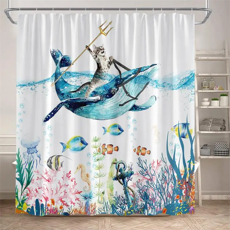 Funny Diving Cat Shower Curtain Whale Sea Turtle Seahorse Fish Coral Ocean Animals Underwater Scenery Children Bathroom Decor