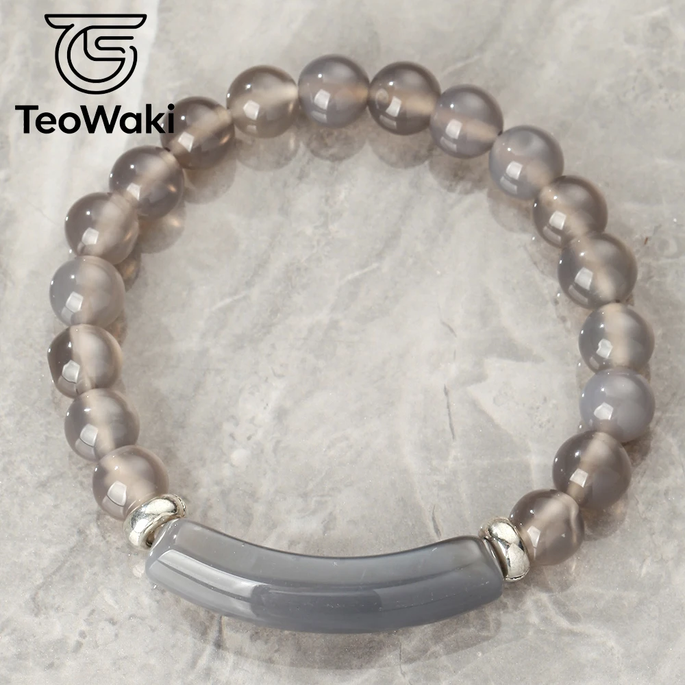 Teowaki Natural Stone Beaded Elastic Stretch with Round Bead and Bridge-type Grey Agate Decoration Daily Jewelry Best Gift 19cm