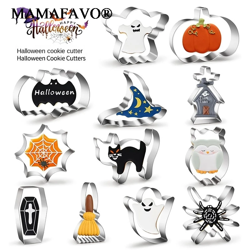 12PCS Halloween Cookie Cutter Stainless Steel Cartoon Cookie Mold Pumpkin Bat Ghost Spider Web Baking Molds Kitchen Baking Tools