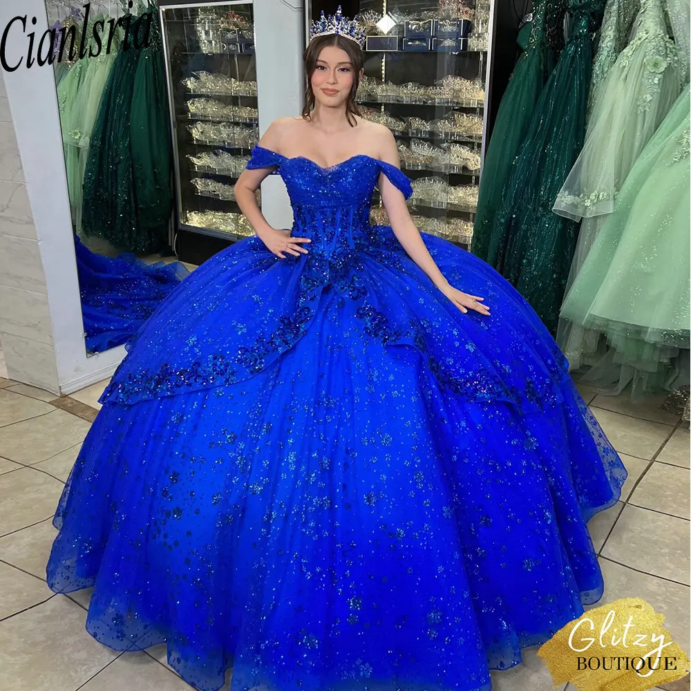 Royal fora do ombro babados vestido de baile, cristal lantejoulas renda espartilho, vestidos Quinceanera, azul royal, 15 anos