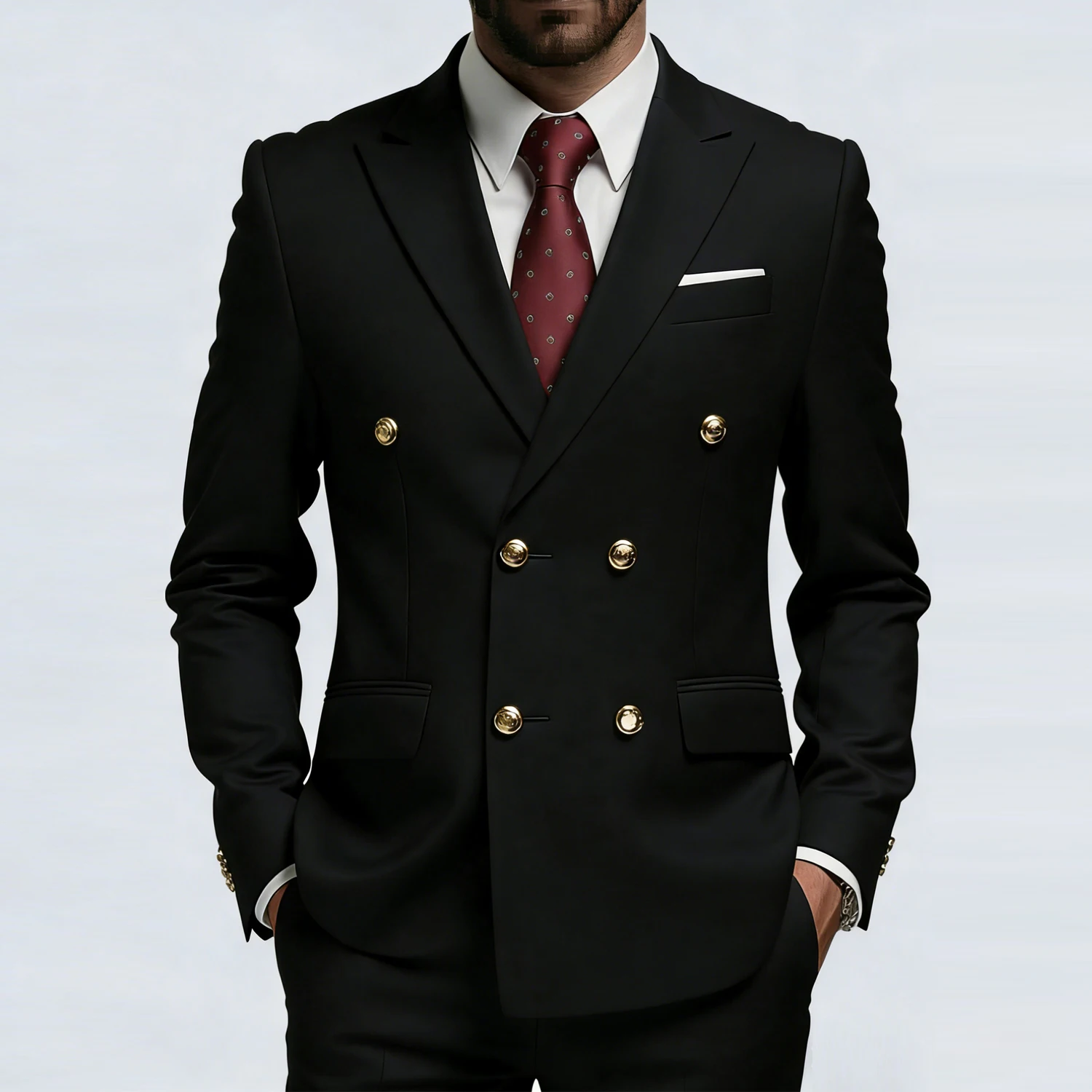 

Мужской костюм US Size, высококачественный брендовый, однотонный, повседневный, деловой, с золотыми пуговицами, двубортный, для жениха, свадебный, для вечеринок