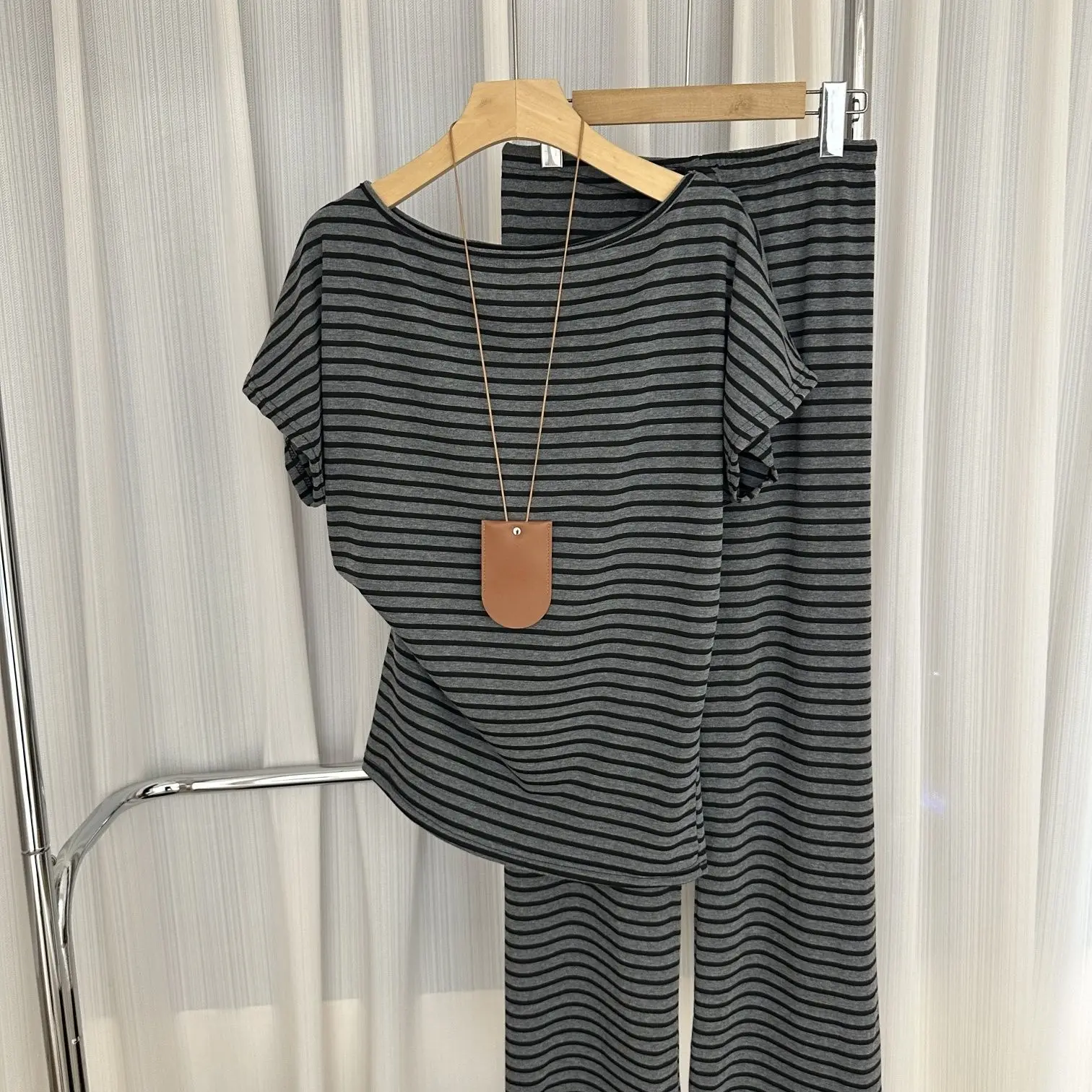 Casual Striped Contrast Color Two Pieces Set Skew Neck Short Sleeve T-Shirts And Shorts Outfits Women's Matching Long Pants Sets