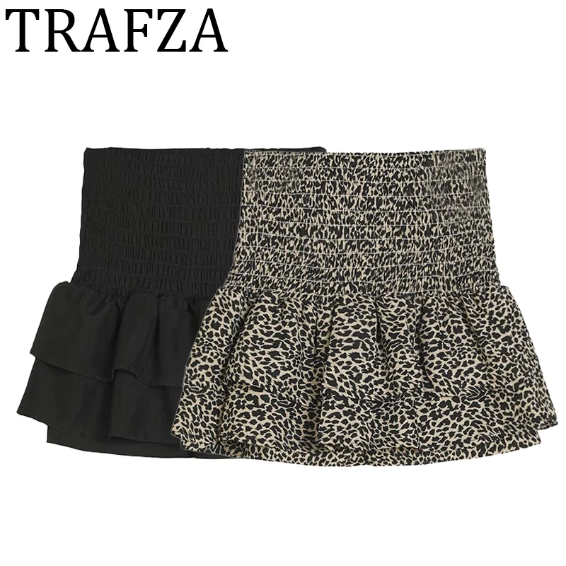 

TRAFZA Woman 2025 Ruffle Skirts Elastic Waistband Solid Short Skirt for Women Summer Party Pleat Ladies Animal Print Mini Skirt