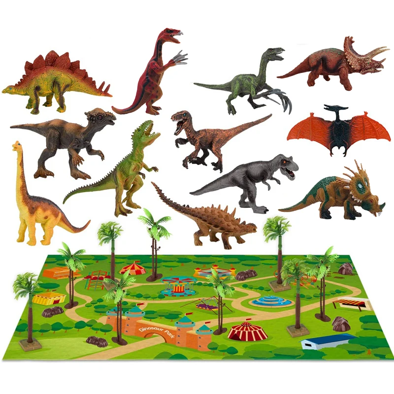 Conjuntos de juguetes de dinosaurios, juego de figuras de dinosaurios realistas para niños y niñas, tapete de juego de actividades grandes, figuras de árboles, grandes regalos para niños