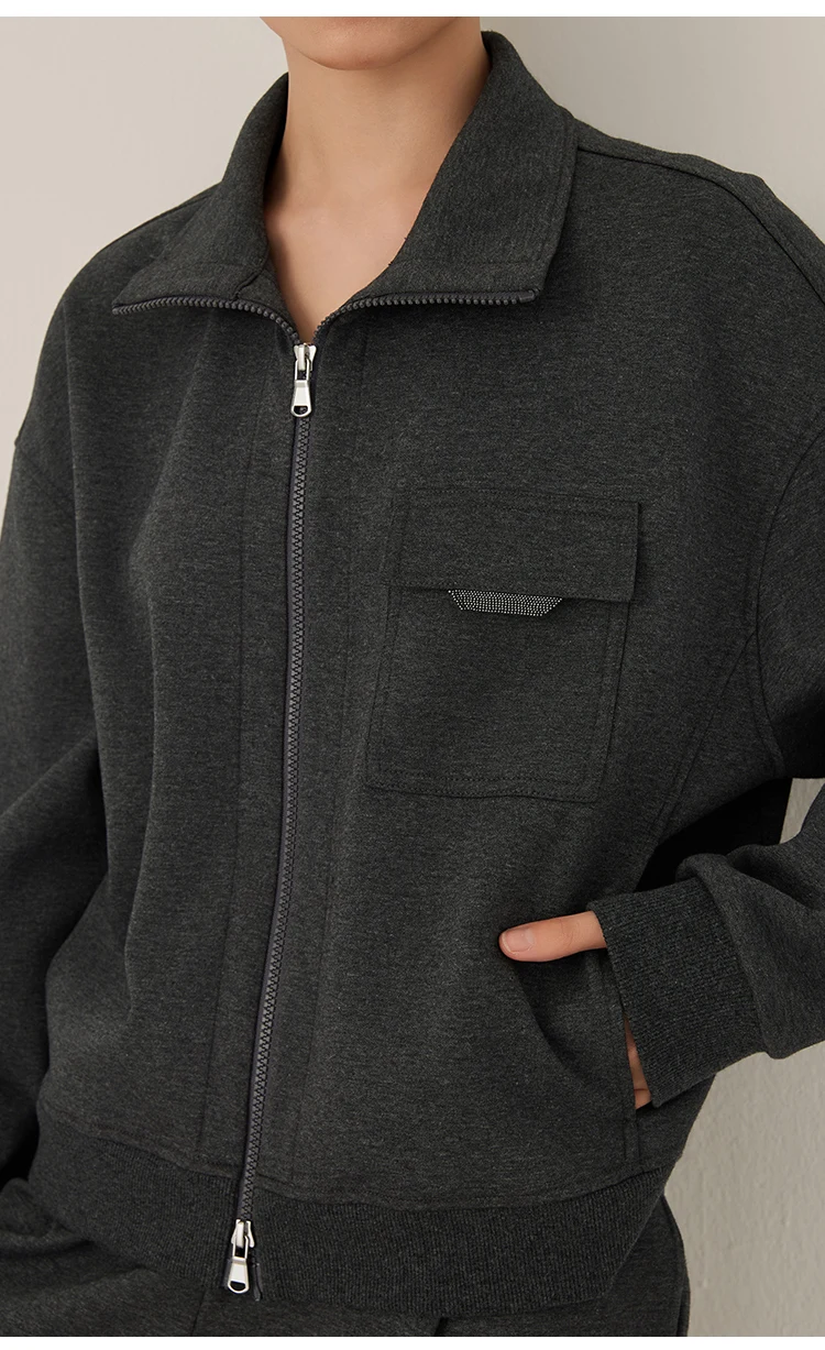 KW7523330 Damen Premium Reißverschluss-Trainingsjacke Langarm-Mischgewebe Herbstmode mit Vordertasche und Akzentbesatz – Detail 10