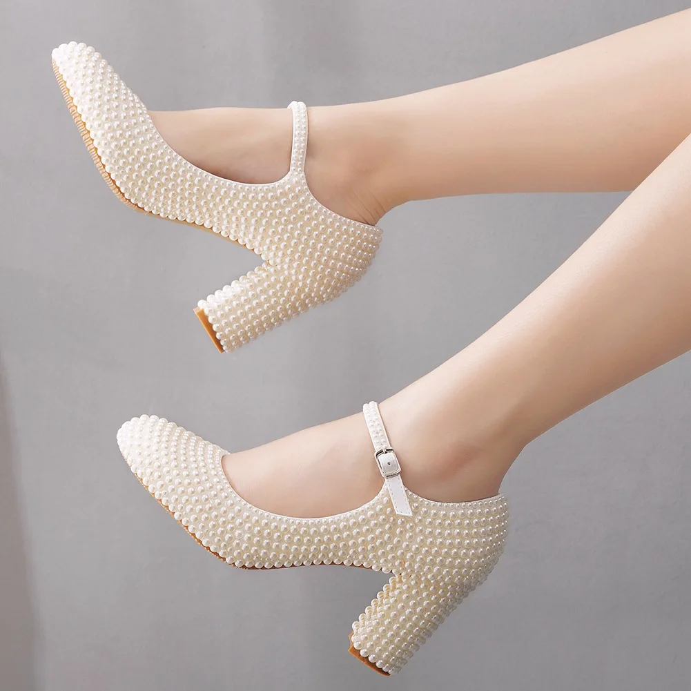 

Fashion New Women Pumps Round Toe Wedding Pearl PU 7.5CM Square Heel Buckle Strap New in High Quality Trend Ladies Woman Shoes