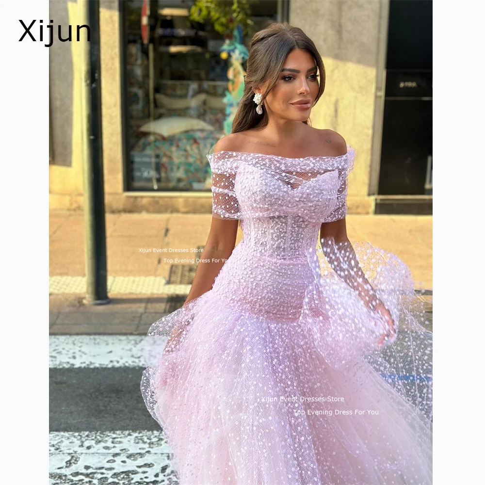 Xijun Fairy Blush Pink Evening Dresses Tulle Dotted A-Line Long Prom Dresses Ankle Length Boat Neck Birthday Party Gowns 2025