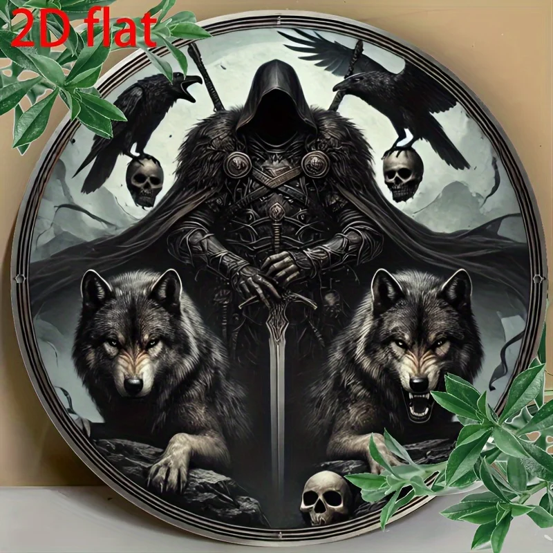 2D Flat, 1pc Vintage Viking Wolf & Odin'S Raven Metal Wall Art - 20.32cm Round Aluminum Sign with Gothic Armor Figure, Skulls &