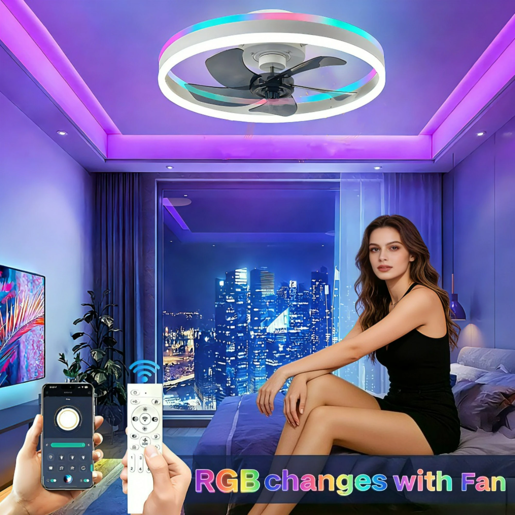 

Потолочный вентилятор с умной RGB-подсветкой, диммируемый, с пультом ДУ, электрический вентилятор со светодиодной лампой для создания атмосферы в отеле/спальне, потолочный вентилятор с лампой