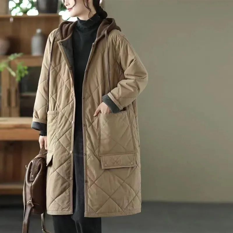 

Vintage Thick Hooded Padded Jacket Women 2024 New Winter Parkas Casual Mid-Length Warm Cotton Coat Female Loose Overcoat B438