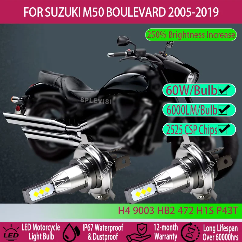 

60W H4 LED Bulb - 250% Brighter, Plug and Play, 6000LM For Suzuki M50 Boulevard 2005 2006 2007 2008 2009 2010 2011 2012-2019