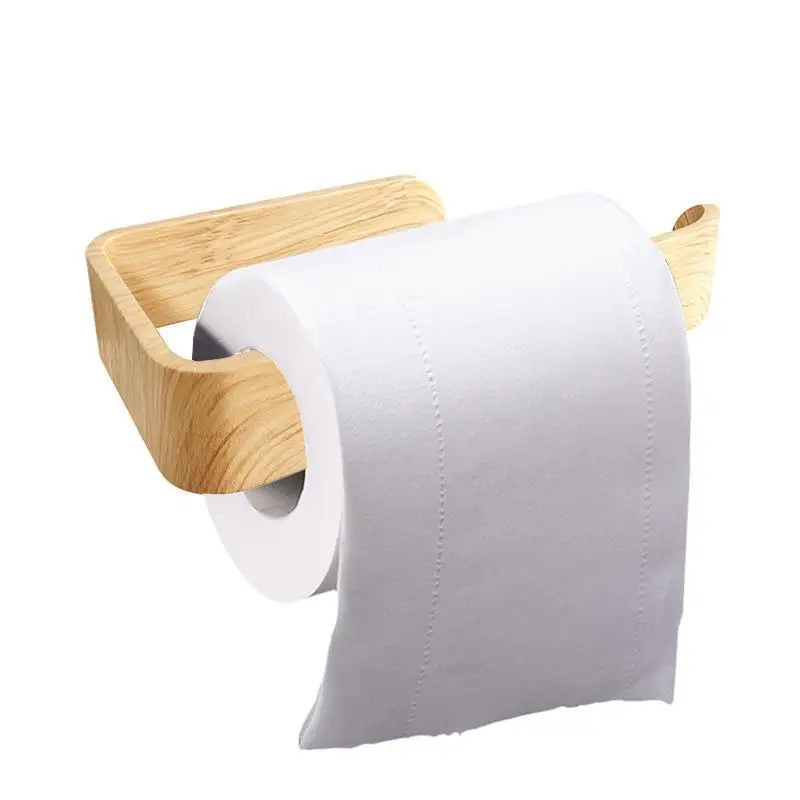 Self-Adhesive U-Shaped Toilet Paper Holder No Drill Waterproof Wood Grain Wall Mount for Shower Room