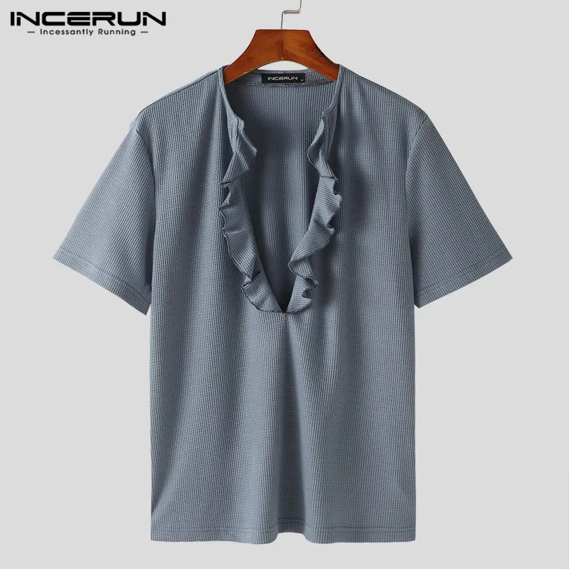 Handsome Well Fitting Tops INCERUN New Men Flounce Design Solid T-shirts Fashion Sexy Cardigan Short Sleeved Camiseta S-5XL 2024