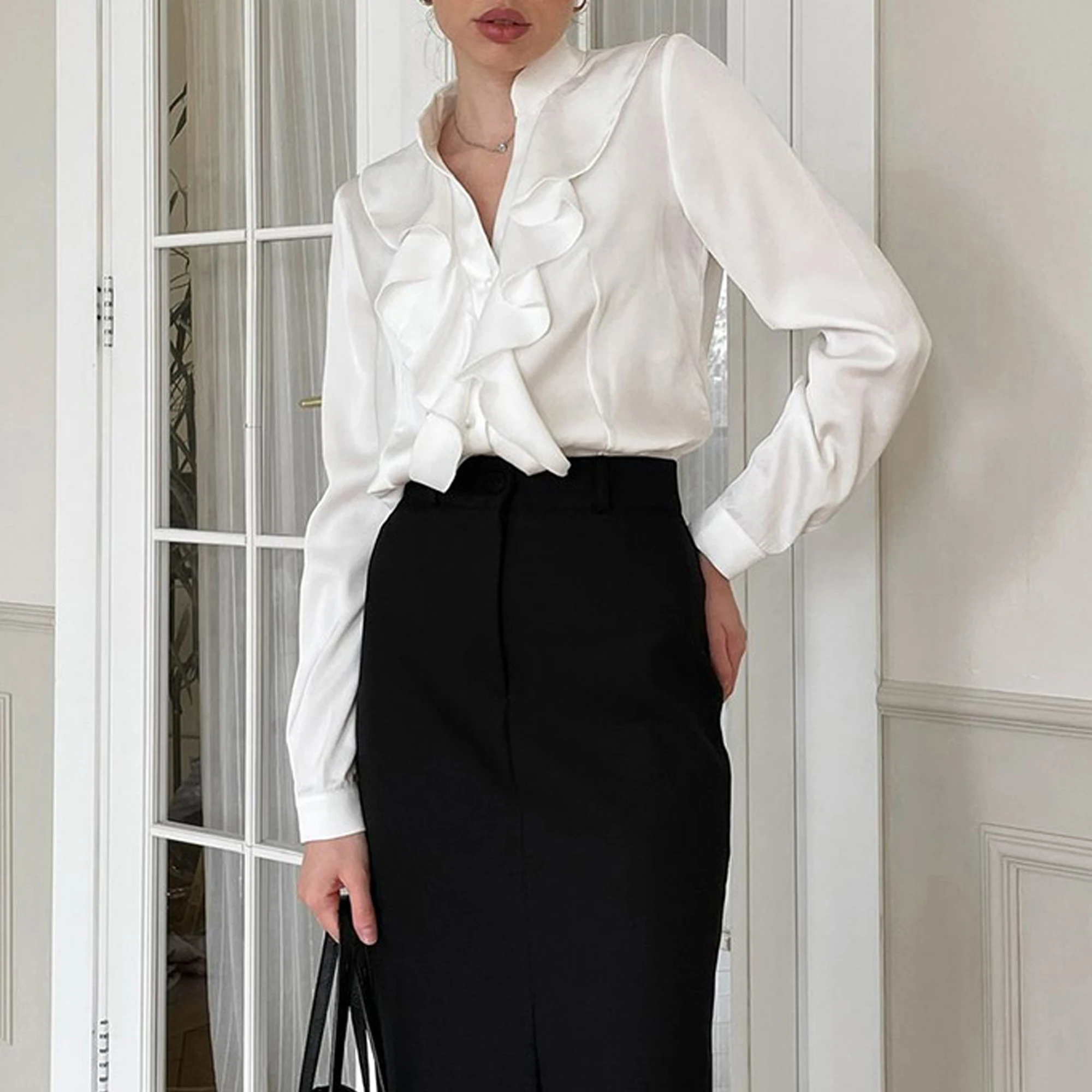 Women Shirts Black Chiffon Blouse Lotus Leaf Edge V Neck Lantern Sleeved Elegant Office Lady Shirts Outwear Tops Female Blouse