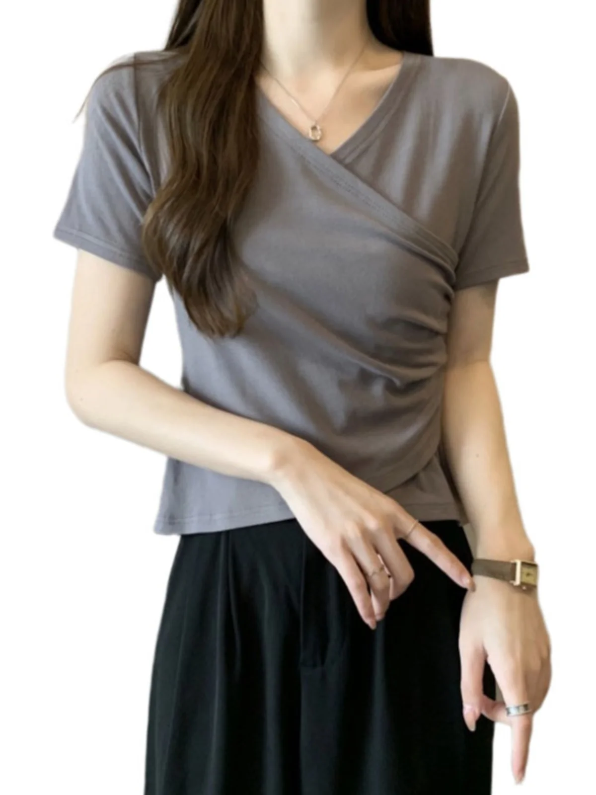Elegant V-Neck Short Sleeve T-Shirt Women Summer plus Size Slimming Asymmetric Korean Style Casual Comfortable Breathable
