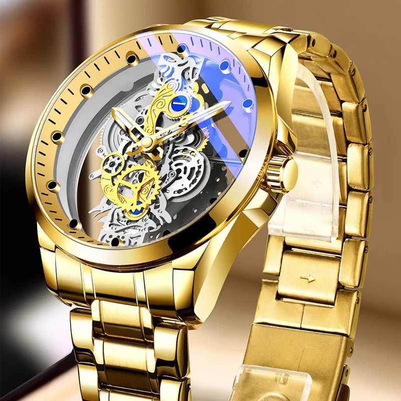 Double-sided transparent hollow fully automatic men's watch, business style, 30-meter water resistance, luminous quartz watch