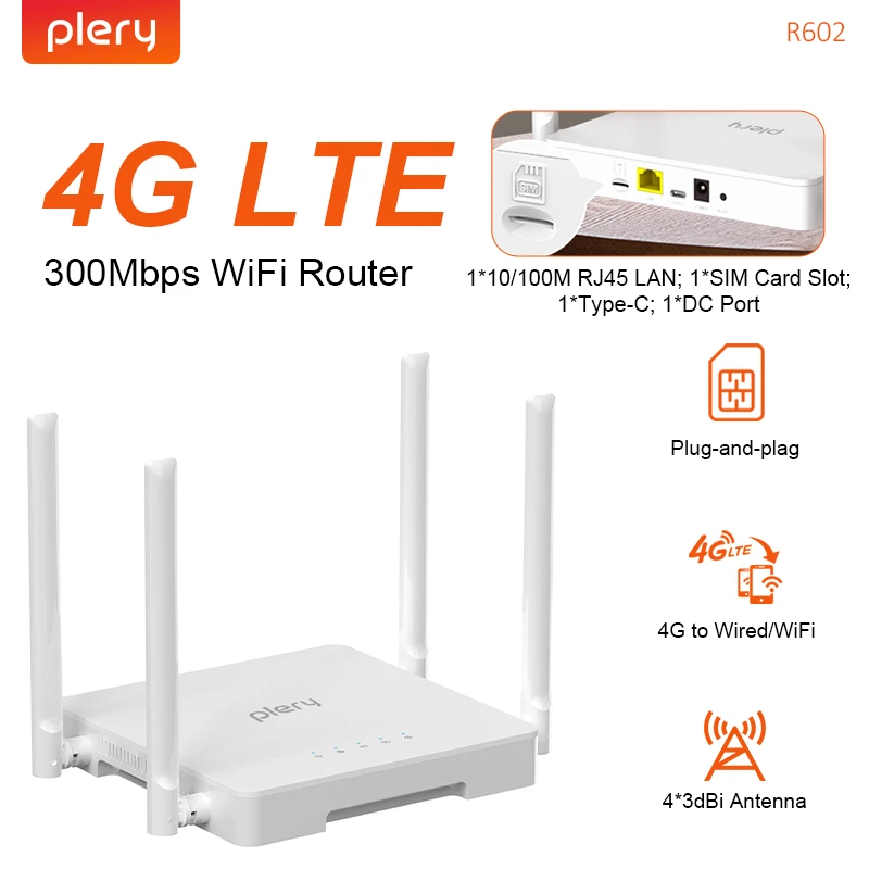 

Plrey 4G CAT4 WiFi6 Router For Outdoor IP Camera/CPE 300Mbps LTE Type-C/DC Power 2*5dBi Dual Antenna Support 16 Devices