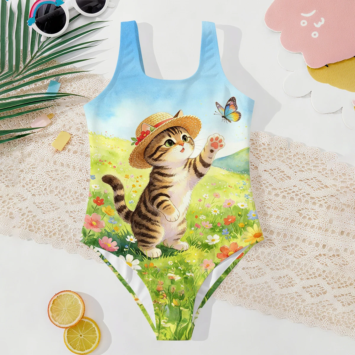 Girls' Summer Style Atmospheric Kitten Fashionable Tight One-piece Swimsuit