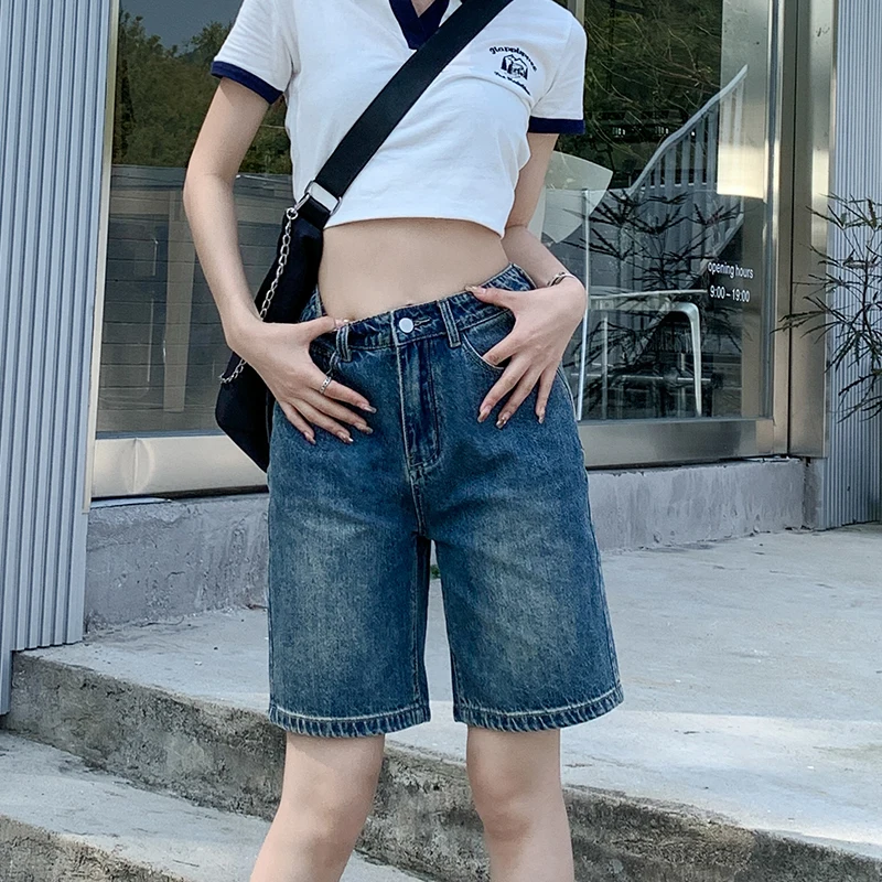 

Шорты джинсовые женские свободные, модные прямые винтажные уличные штаны из денима, мешковатые, Y2K, лето 2024