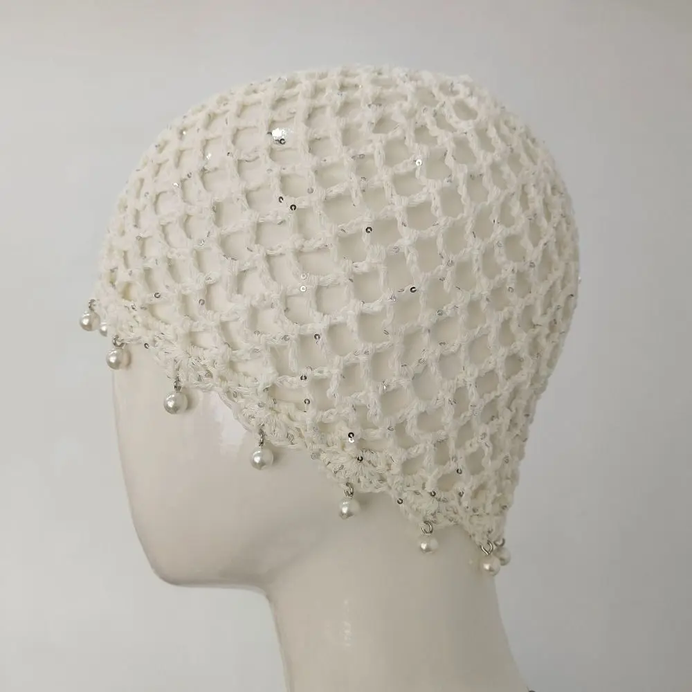 Fashion Hollowed Out Woven Pullover Hats Crochet Pearl Fringed Beret Cap Breathable Knitted Hat or Women Summer