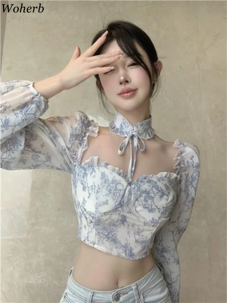 2024 Women's Clothing Print Crop Blouses Caisas De Mujer Square Collar Puff Sleeve Vintage Shirts Fashion Ruffled Blouse Tops