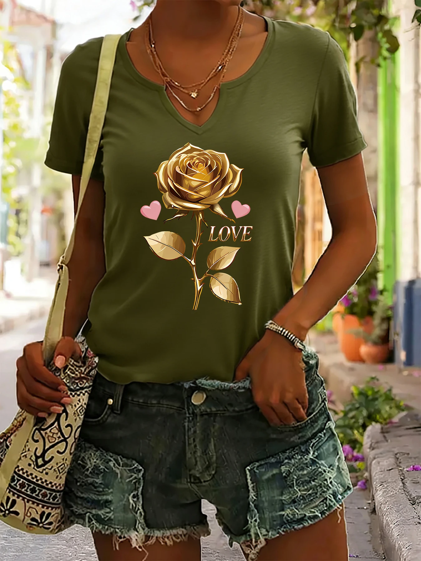 Women's Summer V-Neck Short Sleeve T-Shirt, Golden Rose with Hearts & 