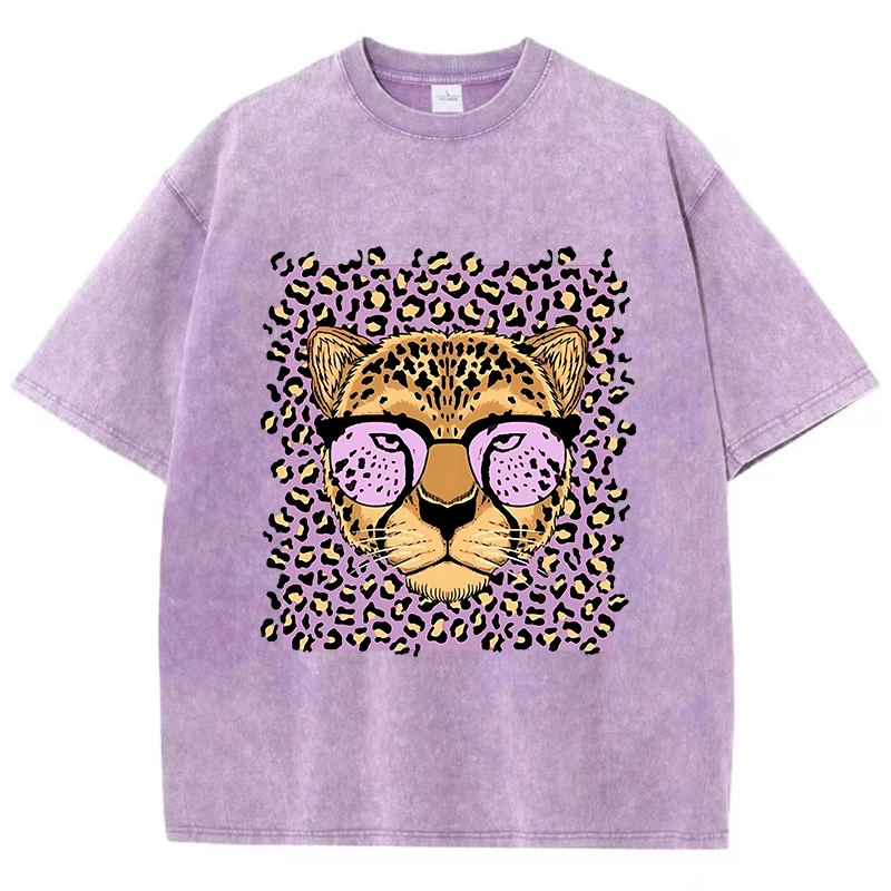 Camiseta feminina vintage com lavagem a ácido, estampa de desenhos animados de leopardo, gola redonda, algodão, manga curta, roupas femininas da moda