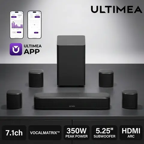 ULTIMEA Aura S4T 350W Soundbar TV 7.1 canali con 4 altoparlanti surround, sistema audio surround con subwoofer, controllo tramite app, HDMI ARC