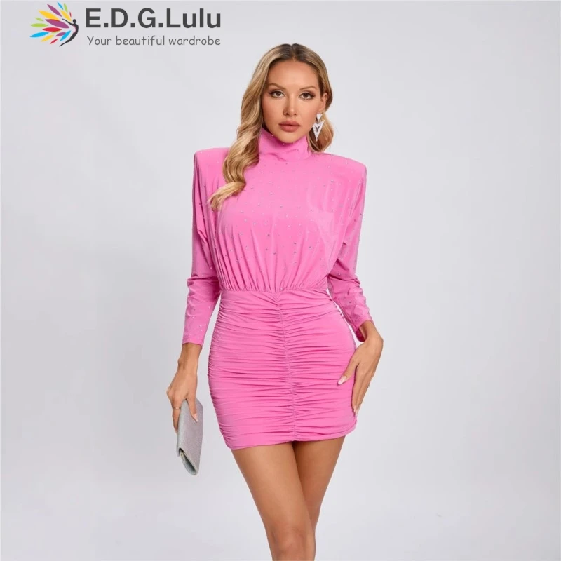 

EDGLuLu Spring 2025 Stand Collar Long Sleeved Dress Woman Bright Diamond Splicing Pink Dress Bodycon Mini Party Dresses 0411