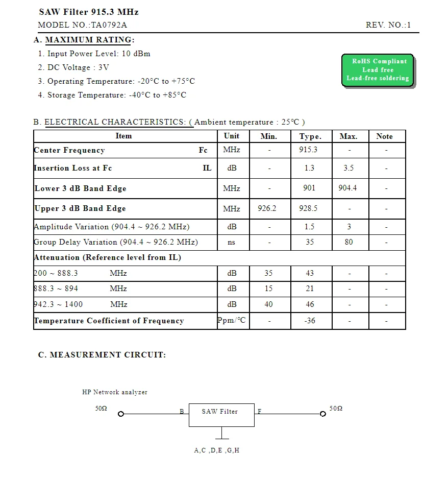 (10PCS) TA0792A 코드 792 새로운 정품 915.3MHz 패키지 SMD SAW 필터 재고 있음