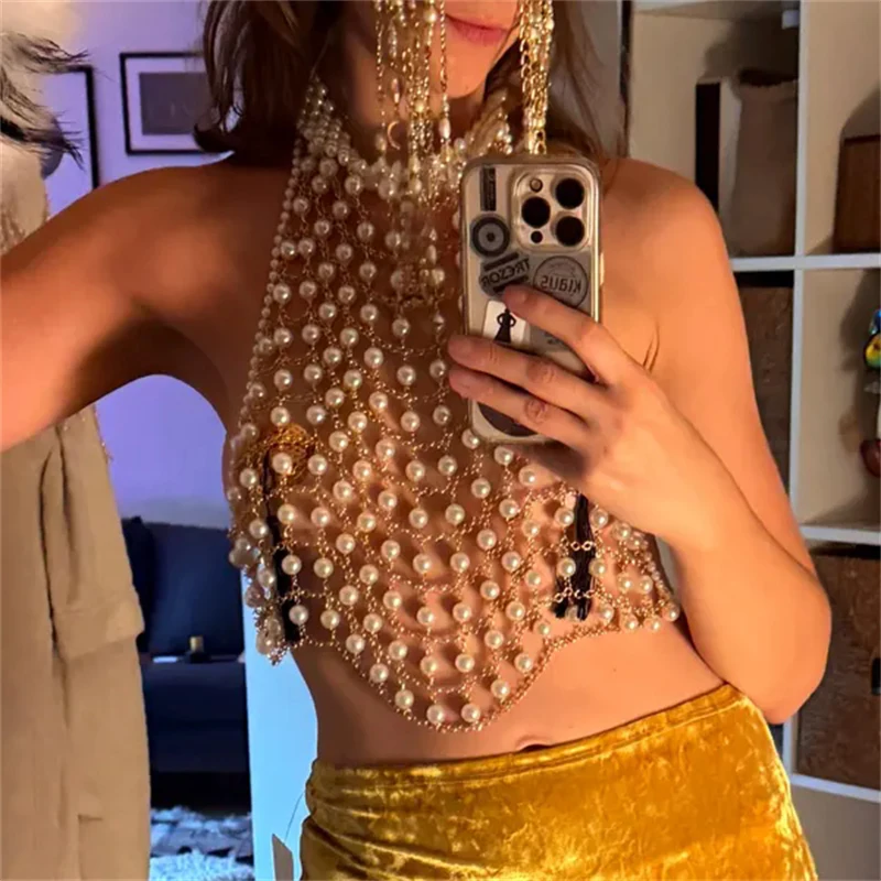Beige Perlen-Netz Neckholder-Körperkette für Damen, handgefertigtes Perlen-Crop-Top, sexy transparentes Party-Clubwear, Körperschmuck, Einheitsgröße, Neu 2026 – Detail 1