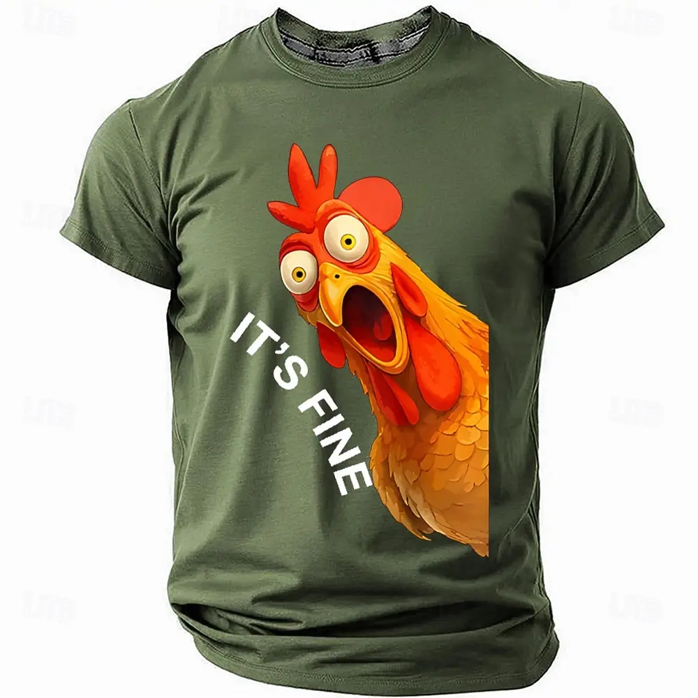 Men's Funny Screaming Rooster Print T-Shirt It's Fine Humorous Chicken Graphic Crew Neck Short Sleeve Tee