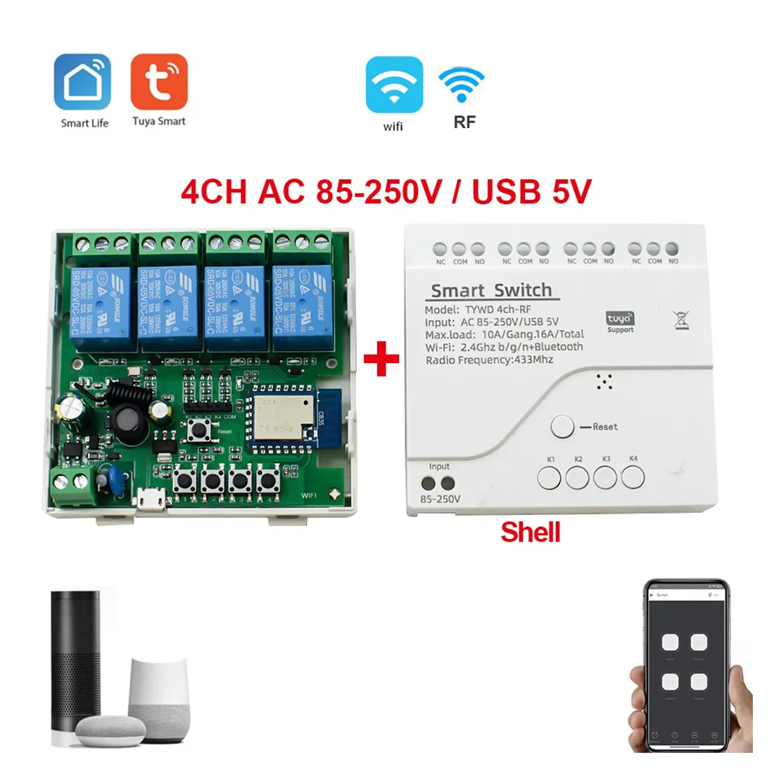 Tuya Smart Wifi Motor Switch Module RF 433 Radio Remote Control 4CH Inching Relay for Alexa Home, 4CH AC85-250V