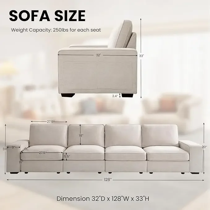 Modular Sofa with Seat Storage Modern Comfy 4-Seater Couch for  Apart W/Deep Seat, Wide Armrest,USB,Pockets,Chenille Sofa