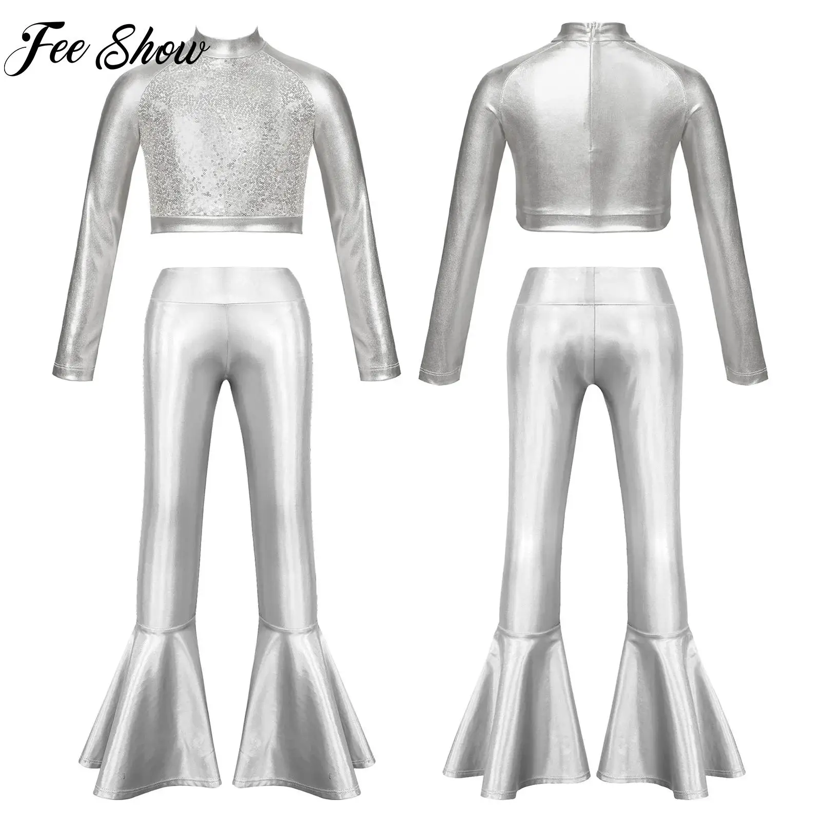

Kid Girl Jazz Dance Competition Set Long Sleeve Front Sequin Metallic Crop Top+Pants Set for Latin Samba Salsa Dance Waltz Dance