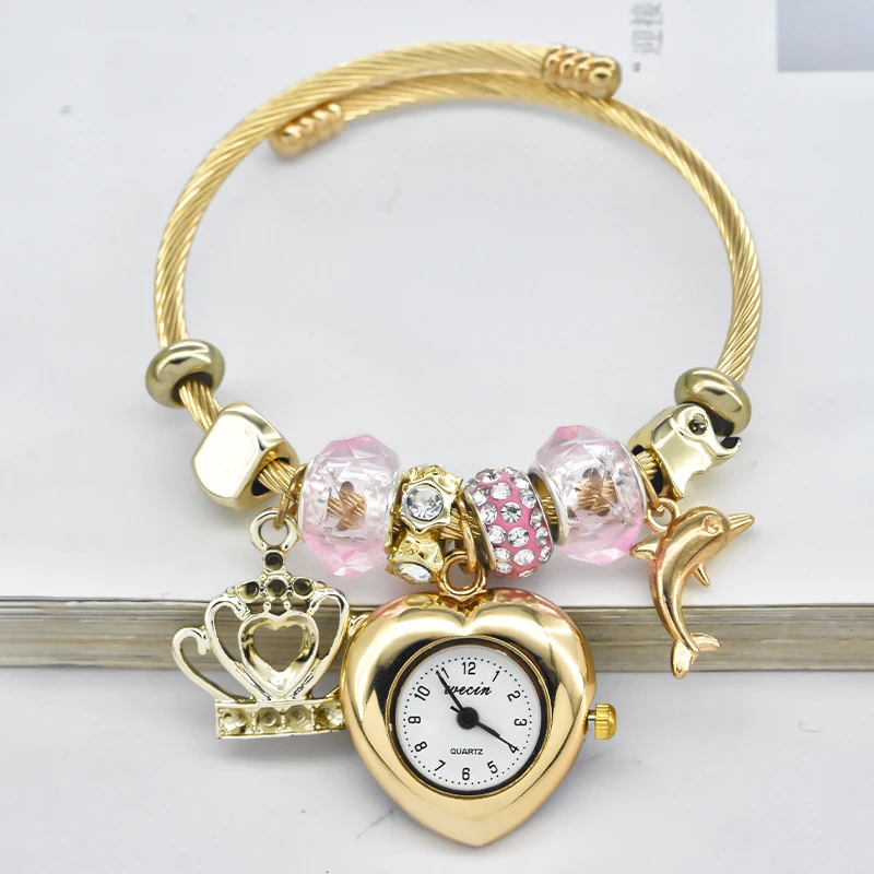 Женские часы-браслет Love со стильным декором, изысканные круглые кварцевые часы, повседневная элегантность