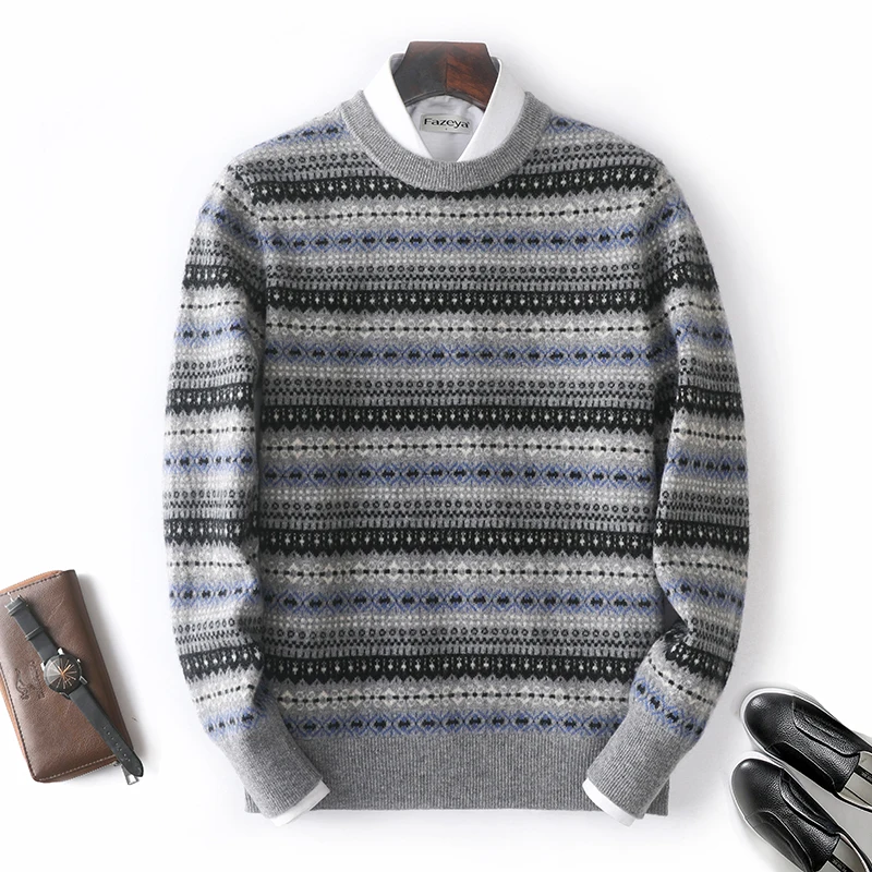 Fall/Winter Thickened 100% Pure Wool Men's Round Neck Contrast Jacquard Casual Sweater Cashmere Knitted Bottom Shirt