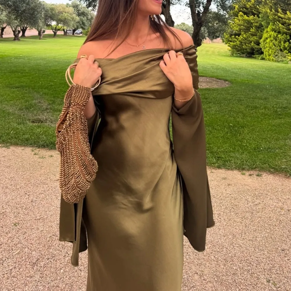 

Customized Off the Shoulder Evening Dresses for Women 2026 Satin Long Gowns Bespoke Occasion Strapless Prom Party Dress Midi