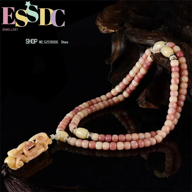 Natural Buddha Bracelet Blood Color Barrel Beads 108 Mala DIY Camel Bone Dragon Pendant Long Necklace Jewelry