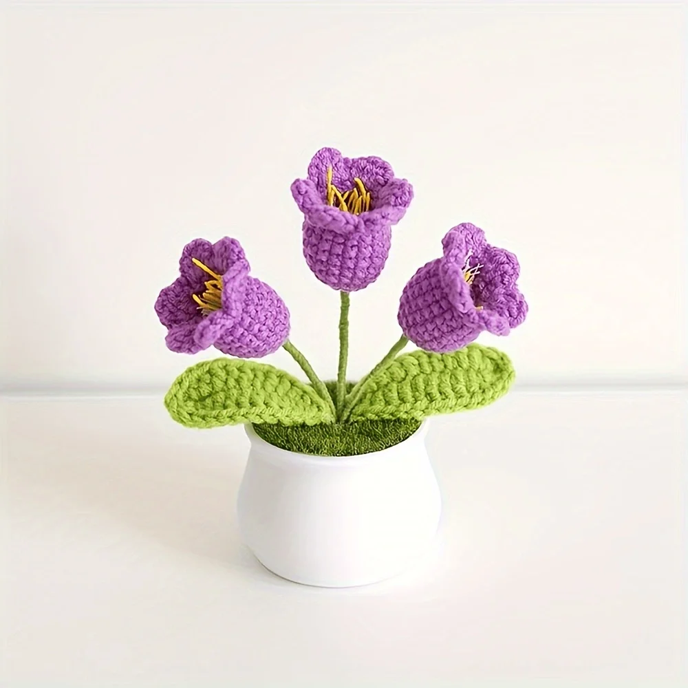 Boutique handmade woven 3-head lily of the valley potted home decoration, knitted simulation flower hook woven belt basin