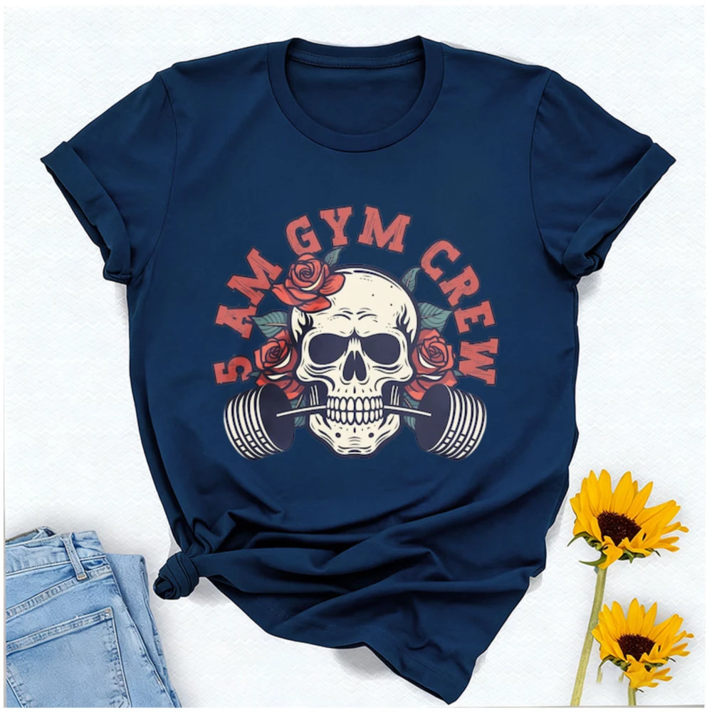 5 AM Crew Gym Pump Cover Gift for Lover Funny Workout T-Shirt Weightlifting Summer Shirt Unique Skeleton Pattern Streetwear Tee