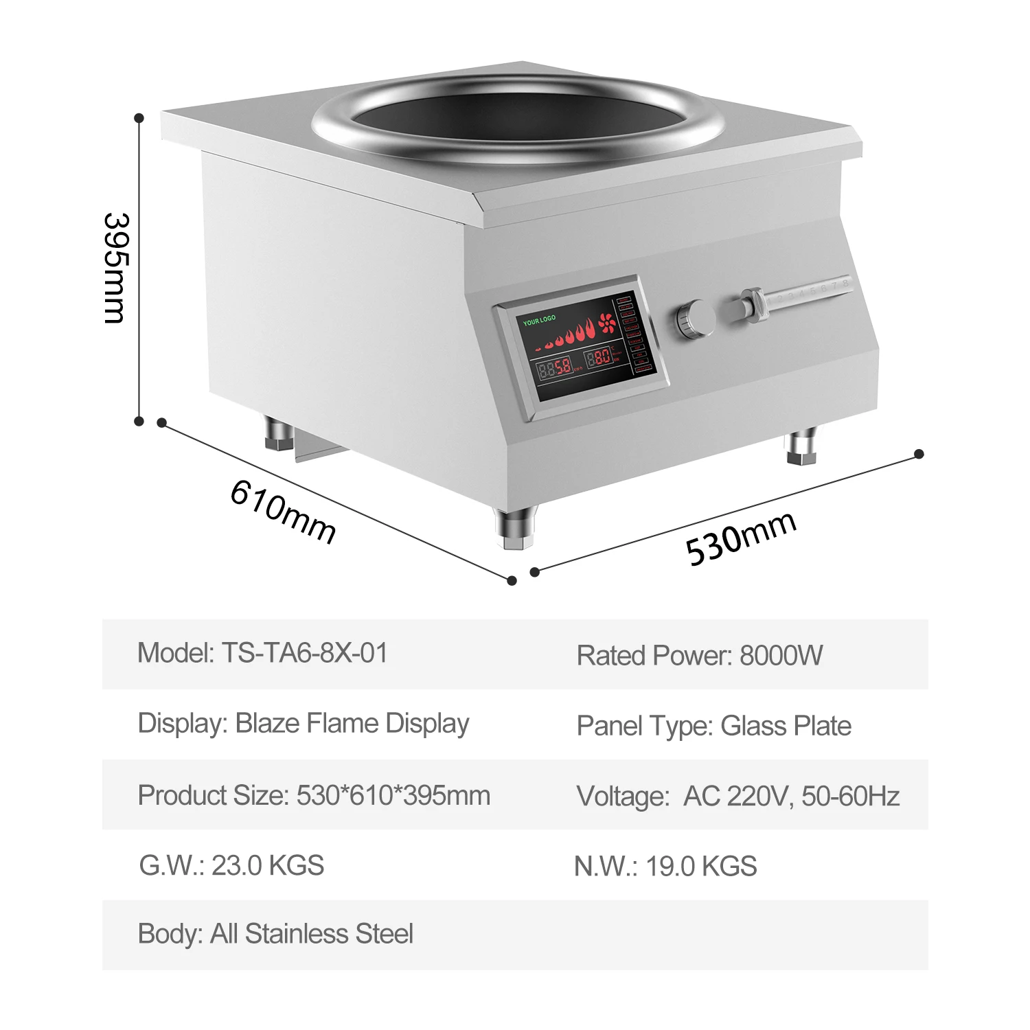 High Power 8KW Electric Induction Cooktop, Stainless Steel Wok Stove, Commercial Kitchen Use, Household Cooking Appliance