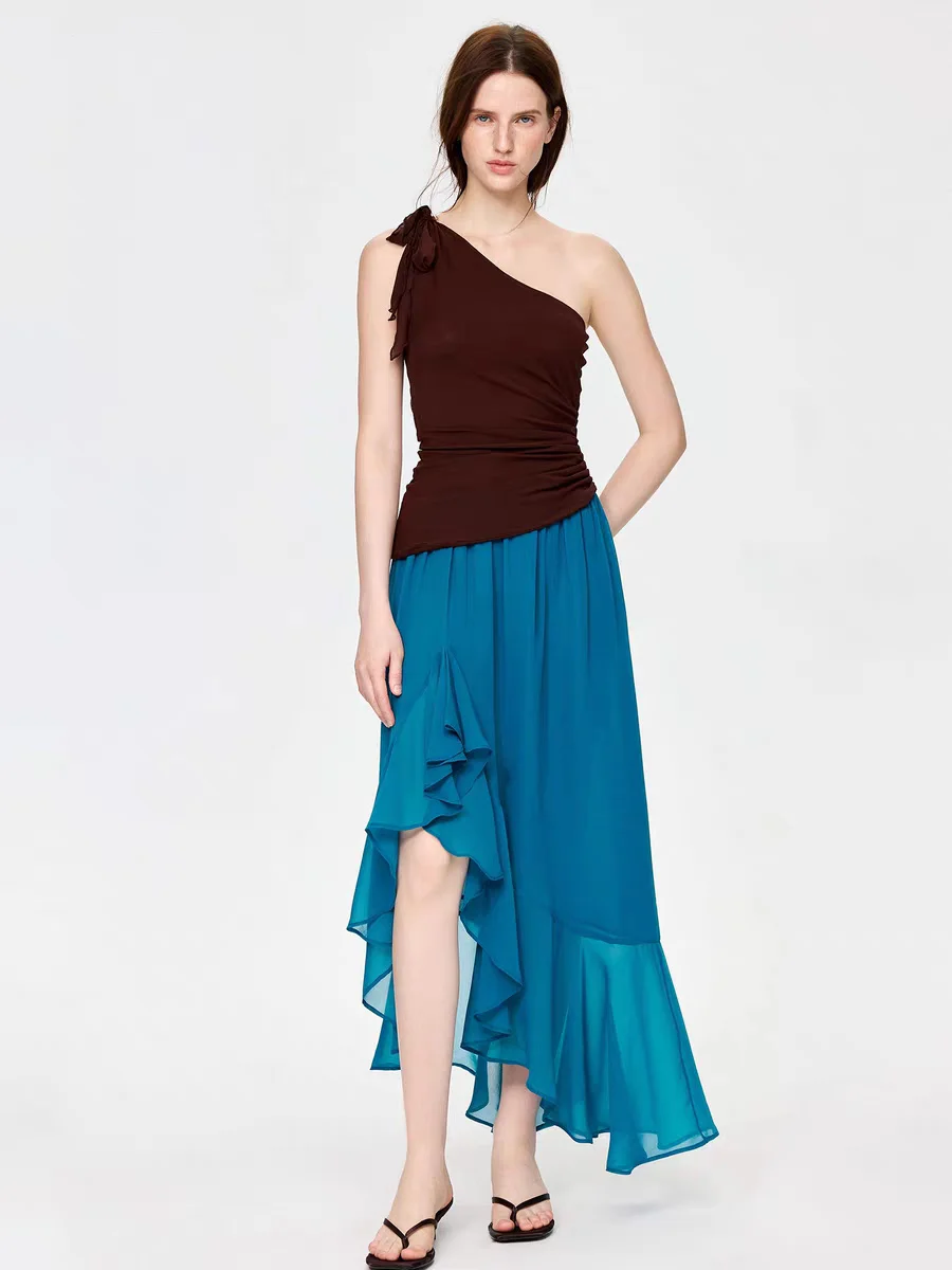 Saias de Chiffon para Mulheres, Saia Irregular Preta de Cintura Baixa, Moda Premium Y2K, Tendência de Verão, Saia Longa Casual Vintage