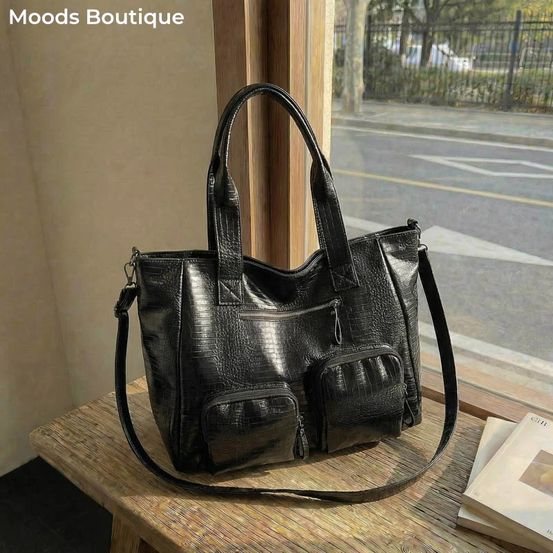 

MOODS Oversized Retro Shoulder Cross Body Bags For Women Crocodile Pattern Solid Color Large Capacity Shopper Commuter Handbags