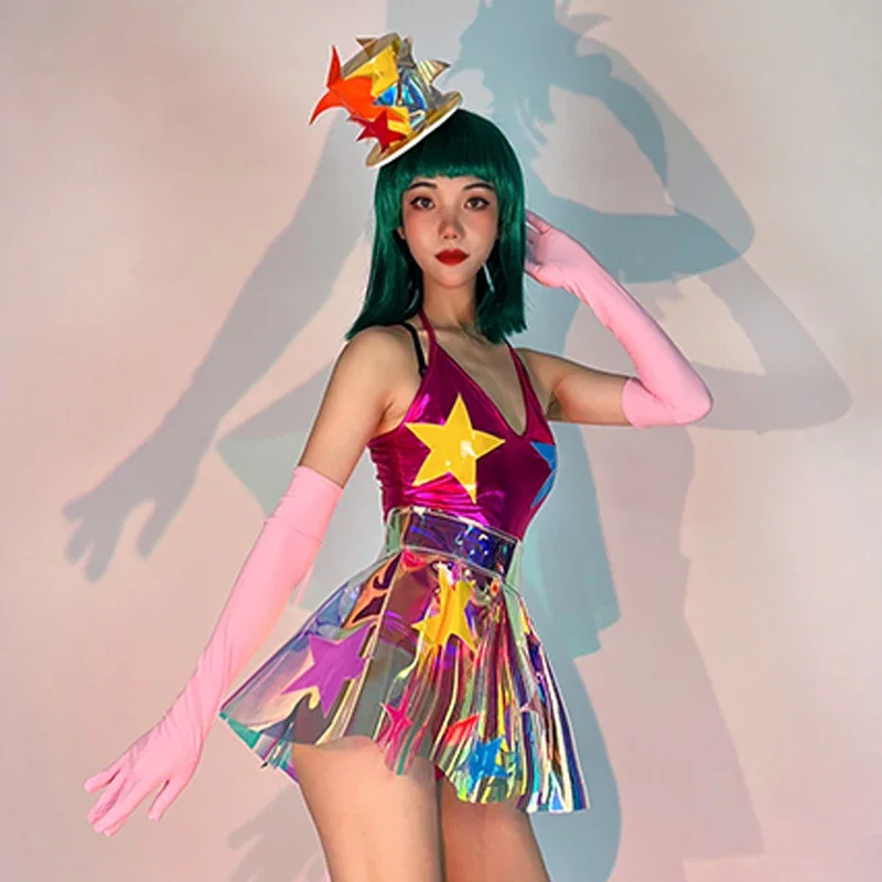 Discoteca Gogo Dancer Traje, Bodysuit Laser, Saia, Star Club Show, DJ Outfit, Pole Dance Roupas, Roupa Rave, Roupa Festival