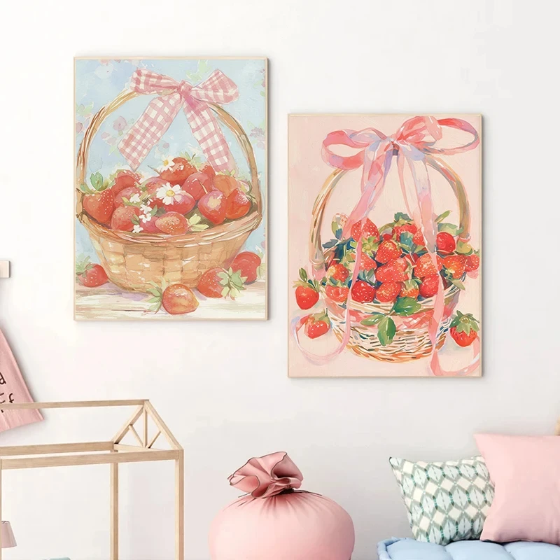 Pink Strawberries Dessert Watercolor Posters Prints Canvas Printing Modern Wall Art Picture for Desserts Shop Home Decor Gifts
