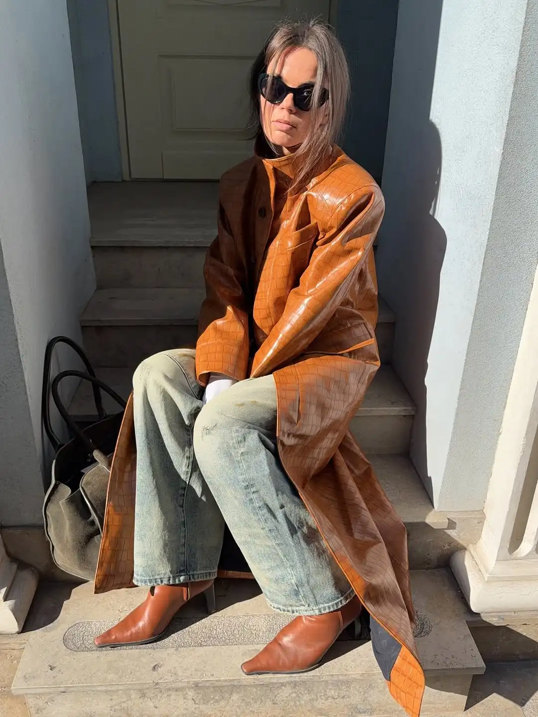 Solid Croc Embossed Faux Leather Long Trench Coat Lapel Single Breasted Straight Long Front Pockets Women Vintage Autumn Winter