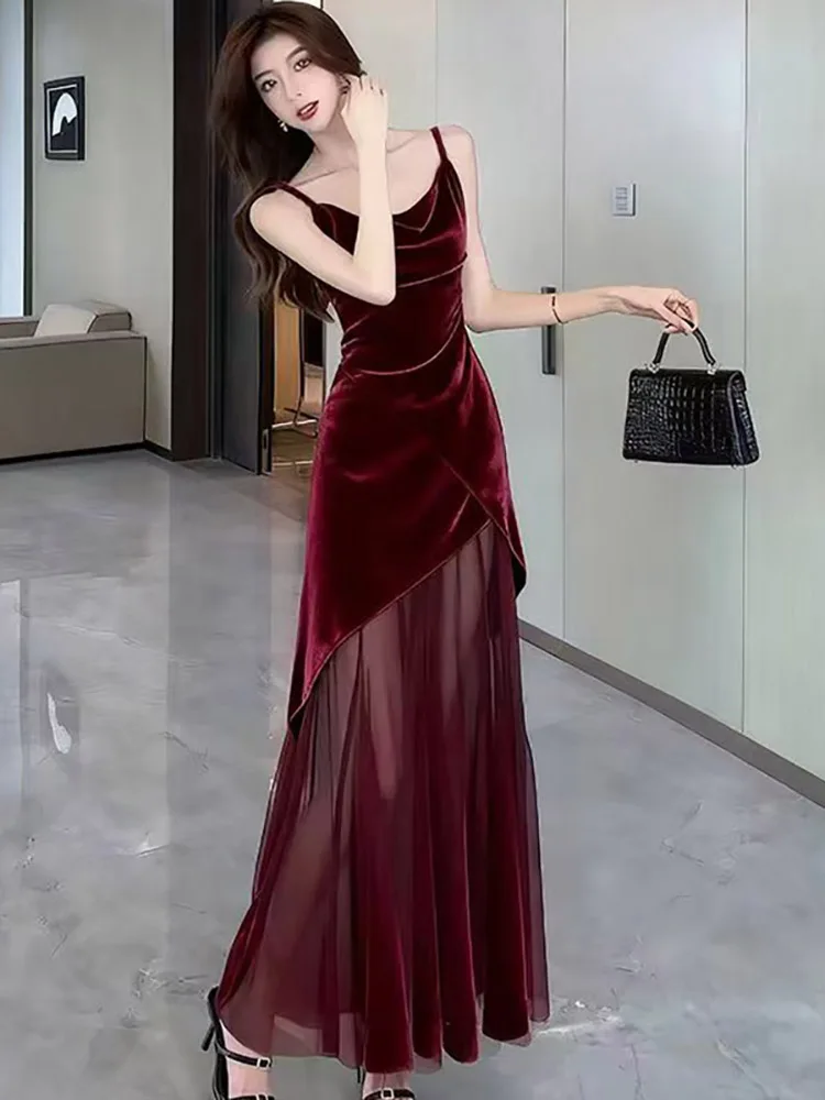 المرأة الأرجواني المخملية المرقعة شبكة شير مثير فستان طويل الخريف أنيقة شيك فستان بكتافة 2025 الكورية خمر فستان سهرة فاخر