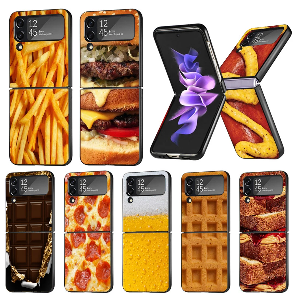 Food French Fries Beer Cheese Hard Black Cover for Samsung Galaxy Z Flip 4 3 5 5G Phone Case Flip4 Flip3 Flip5 Pattern Luxury